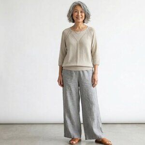 OLSEN Beige Cotton Knit 3/4 Sleeve Sweater Womens L lagenlook Coastal Minimalist